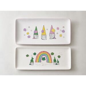 Clover Cottage Gnome Serving Platters Set 2 St Patricks Day Rainbow Trays 12in